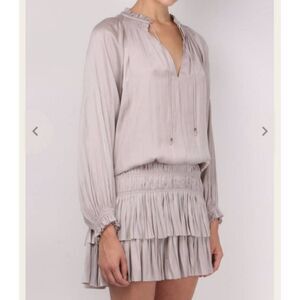 ULLA JOHNSON Piera Pleated Ruffled Matte Satin Drop Waist mink color  Dress  sz